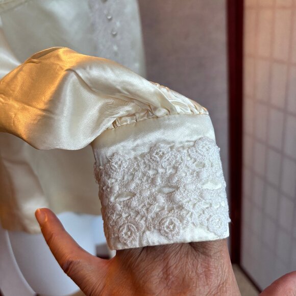 Hand Made Satin High Neck Blouse with Lace Trim and Pearl buttons - Picture 6 of 11